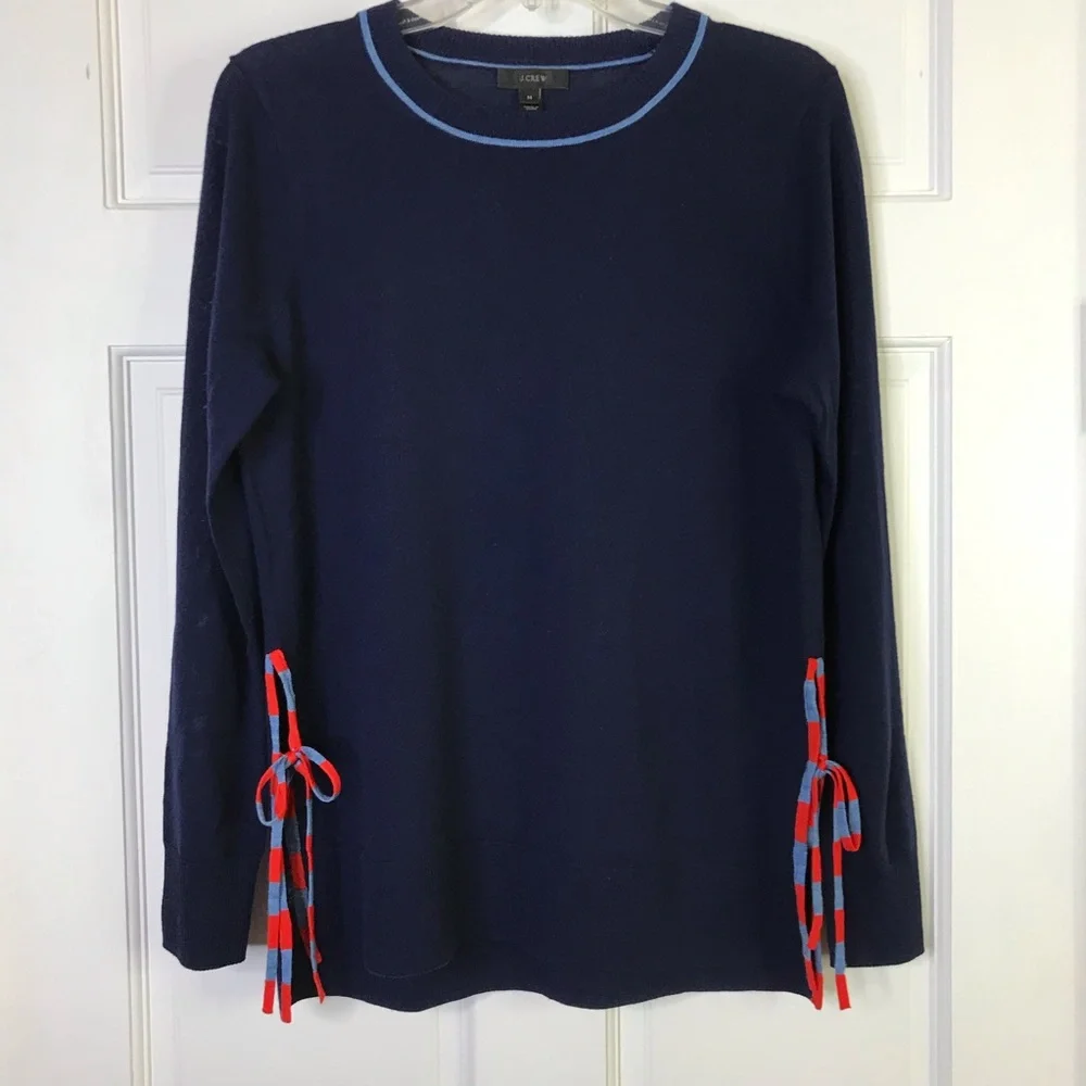 J. CREW Merino Wool Navy Sweater Side Slit Ties Size M
